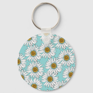 Blue Vintage Daisy Floral Pattern Key Ring