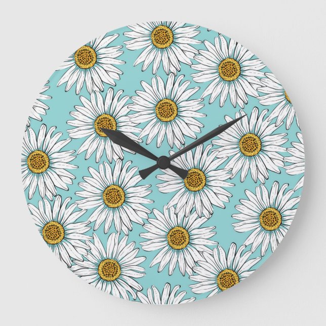 Blue Vintage Daisy Floral Pattern Large Clock (Front)
