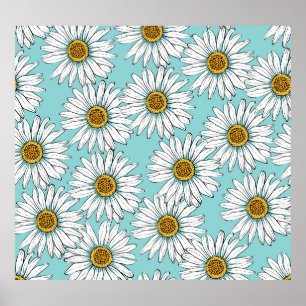 Blue Vintage Daisy Floral Pattern Poster