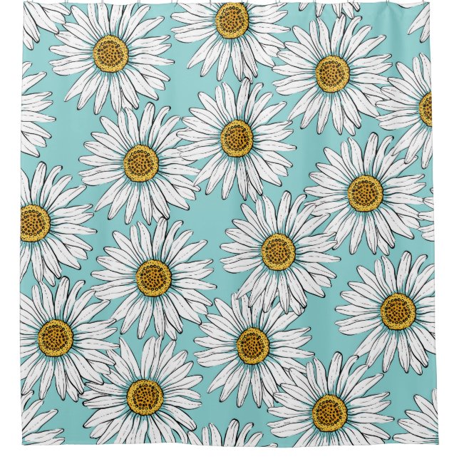 Blue Vintage Daisy Floral Pattern Shower Curtain (Front)
