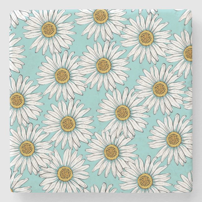 Blue Vintage Daisy Floral Pattern Stone Coaster (Front)
