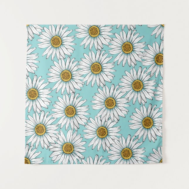 Blue Vintage Daisy Floral Pattern Tapestry (Front)