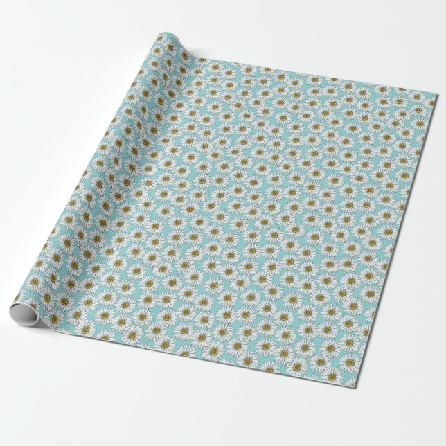 Blue Vintage Daisy Floral Pattern Wrapping Paper (Unrolled)