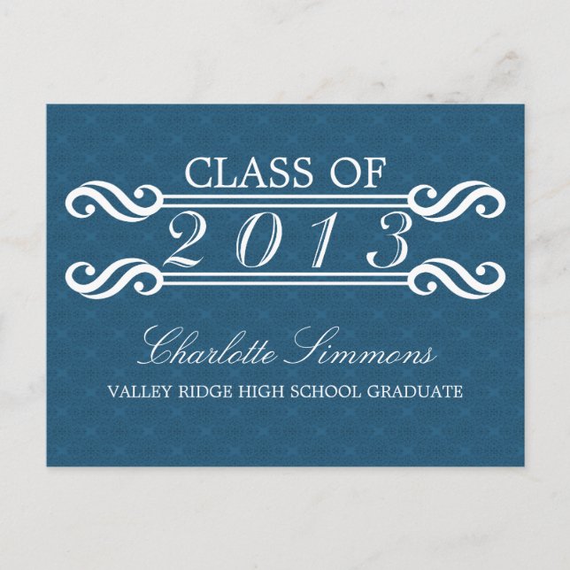 Blue Vintage Damask 2013 Grad Party Postcard (Front)