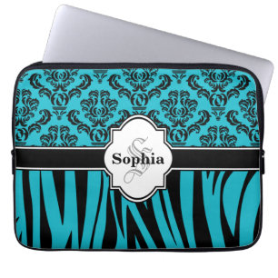 Blue Vintage Damask Cool Zebra Stripes Laptop Sleeve