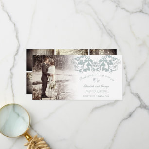 Blue Vintage Damask Floral Flourish Photo Wedding Thank You Card