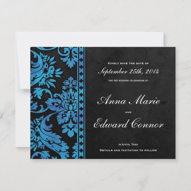 Blue Vintage Damask Lace Save the Date (Front)