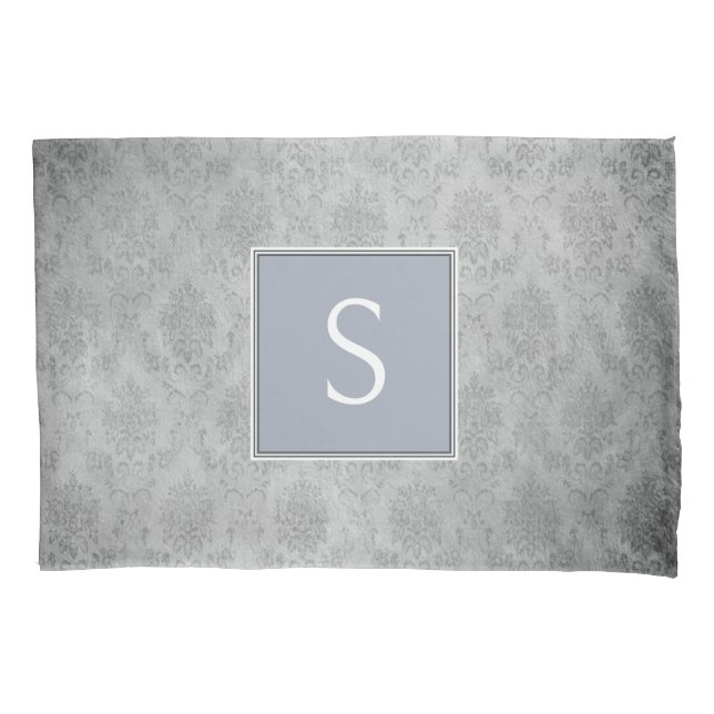 Blue Vintage Damask Monogram Pillowcase (Front)