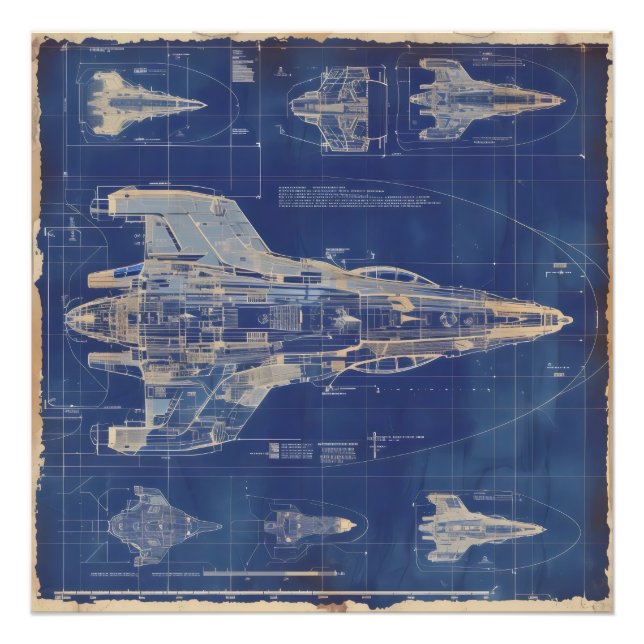 Blue Vintage Diagram Space Ship Photo Print (Front)