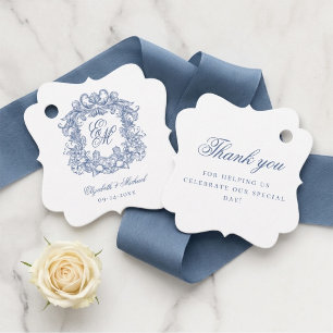 Blue Vintage Elegant Script Monogram Crest Wedding Favour Tags