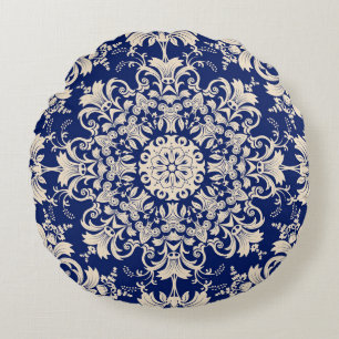 Blue Vintage: Elegant Seamless Pattern. Round Cushion