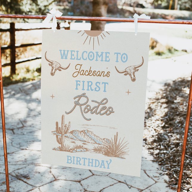 Blue Vintage First Rodeo 1st Birthday Welcome Sign (Blue Vintage First Rodeo 1st Birthday Welcome Sign,  1st Rodeo Birthday Party Welcome Sign, Western )