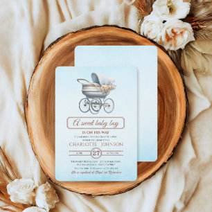 Blue Vintage Floral Baby Carriage Baby Shower Invitation