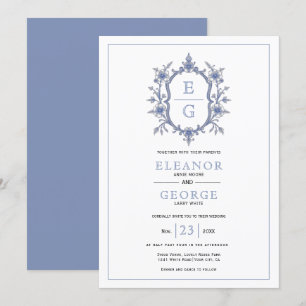 Blue vintage floral crest initials wedding invitation