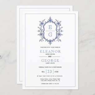 Blue vintage floral crest monogram QR code wedding Invitation