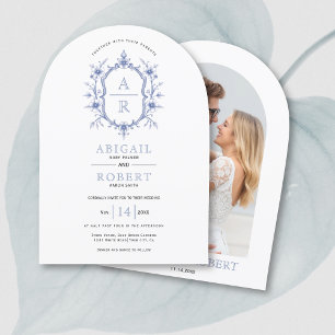 Blue vintage floral crest monogram wedding   invitation