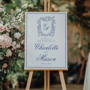 Blue Vintage Floral Crest Wedding Elegant Welcome Poster
