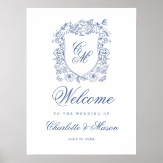 Blue Vintage Floral Crest Wedding Monogram Welcome Poster