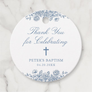 Blue Vintage Floral Cross Baptism Thank You Gift Favour Tags