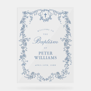 Blue Vintage Floral Cross Baptism Welcome  Acrylic Sign