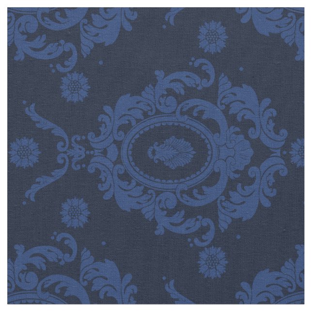 Blue Vintage Floral Damask Pattern Fabric (Close Up)