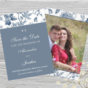 Blue Vintage Floral French Save the Date Photo Invitation