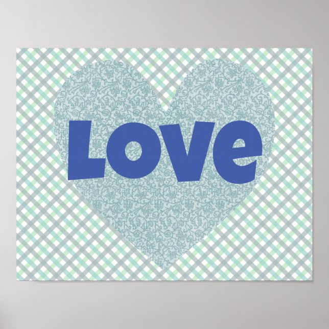 Blue Vintage Floral Heart and Love Poster (Front)