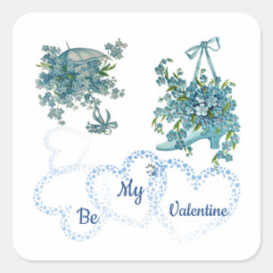 Blue Vintage Floral Hearts Be My Valentine Custom Square Sticker