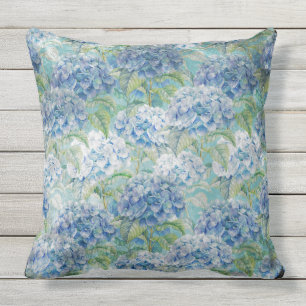 Blue Vintage floral Hydrangea Flower pattern Outdoor Cushion