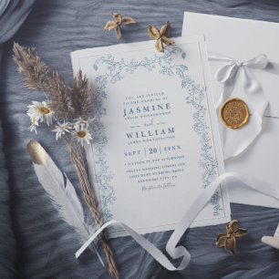 Blue Vintage Floral Line Art Arch Elegant Wedding Invitation