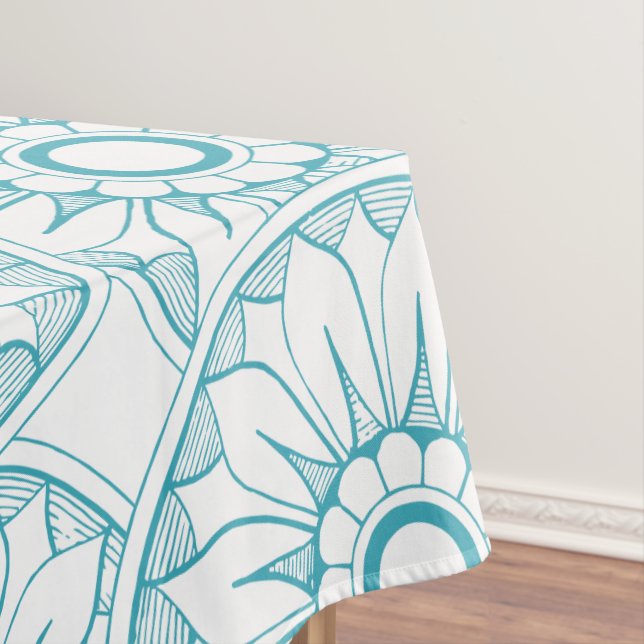 Blue Vintage Floral Medallion Pattern Tablecloth (In Situ)