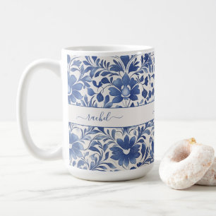 Blue Vintage Floral Monogram Coffee Mug
