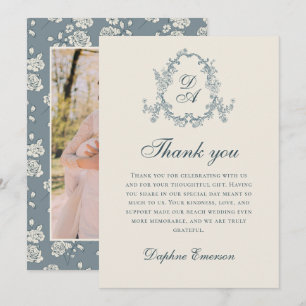 Blue Vintage Floral Monogrammed Thank You Card