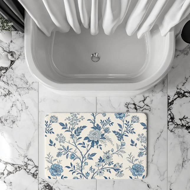 Blue Vintage Floral Pattern Bath Mat (Creator Uploaded)