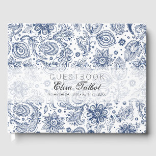 Blue Vintage Floral Pattern Funeral Guest Book