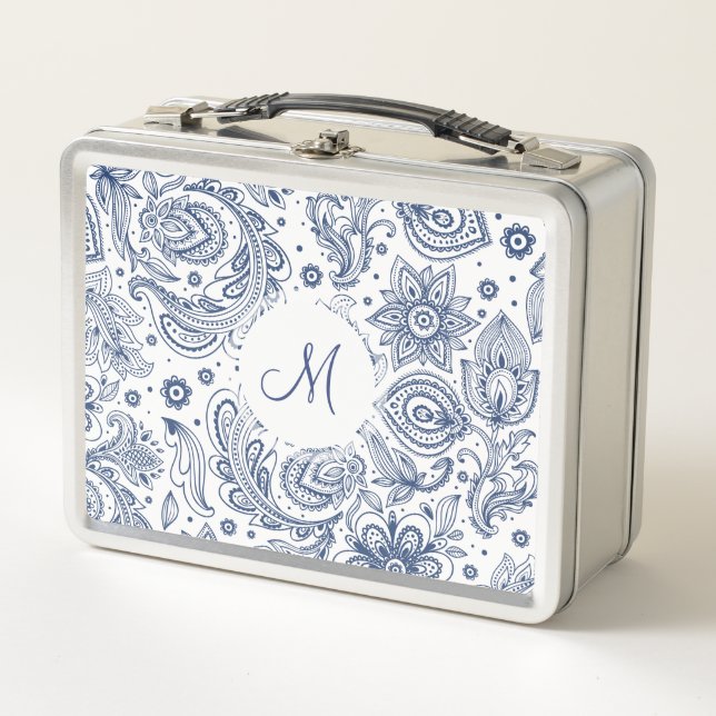 Blue Vintage Floral Pattern Monogram Lunchbox (Front)