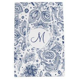Blue Vintage Floral Pattern Monogram M Gift Bag
