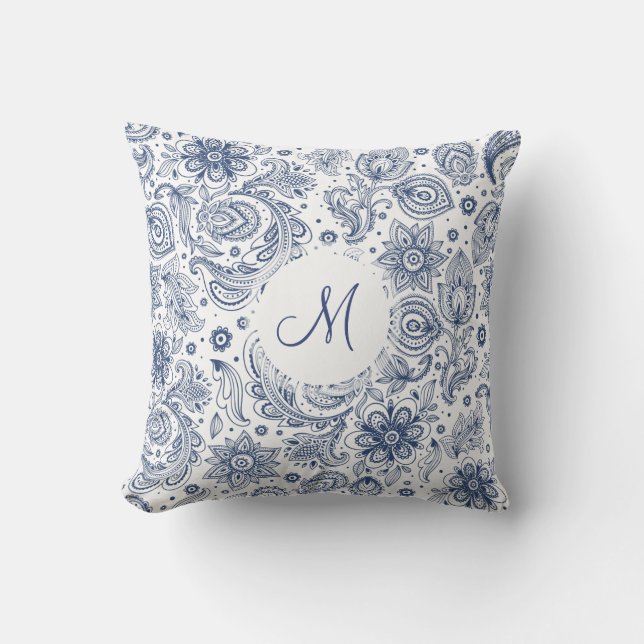 Blue Vintage Floral Pattern Monogram Pillow (Front)