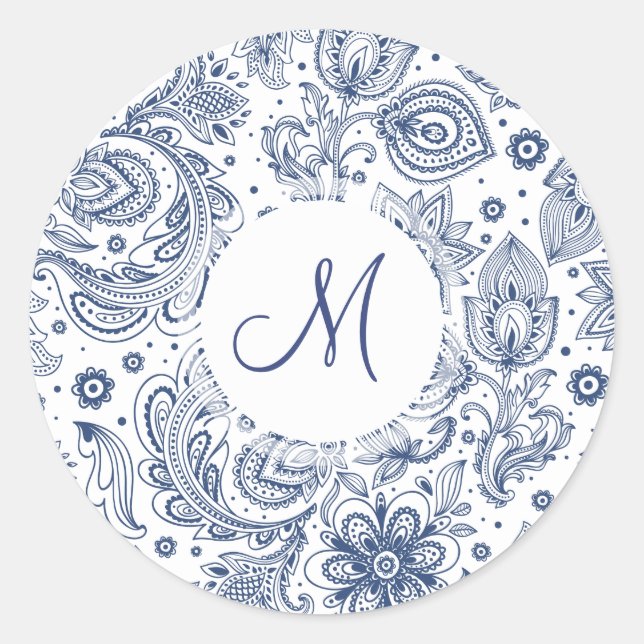 Blue Vintage Floral Pattern Monogram Round Sticker (Front)