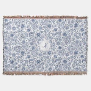 Blue Vintage Floral Pattern Monogram T Blanket
