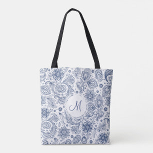 Blue Vintage Floral Pattern Monogram Tote Bag