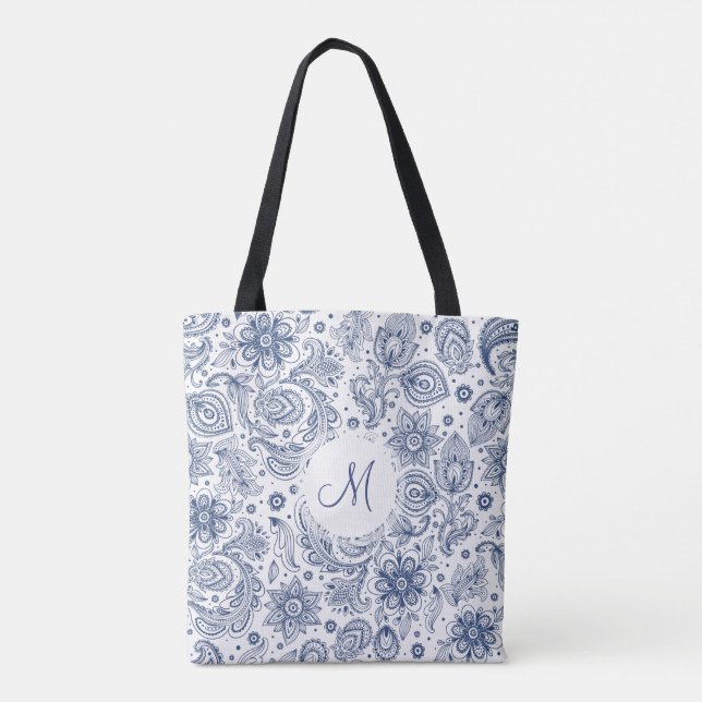 Blue Vintage Floral Pattern Monogram Tote Bag (Back)