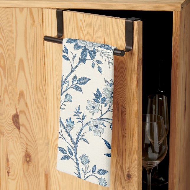 Blue Vintage Floral Pattern Tea Towel (Thirds Fold)