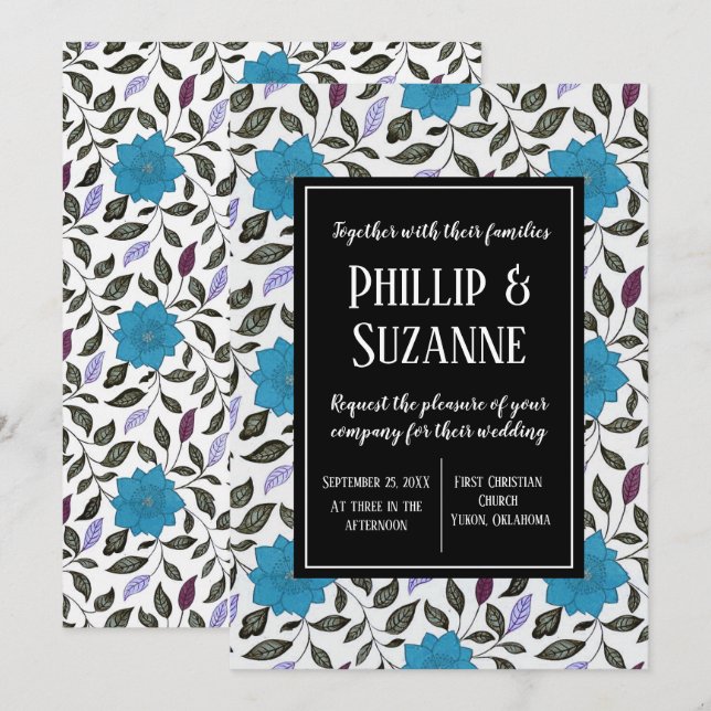 Blue Vintage Floral Pattern Wedding Invitation (Front/Back)