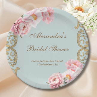 Blue Vintage Floral Peony Christian Bridal Shower Paper Plate