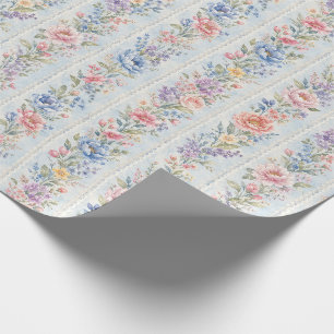Blue Vintage Floral Stripe Watercolor Gift Wrapping Paper