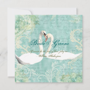 Blue vintage floral swirl swans invitation
