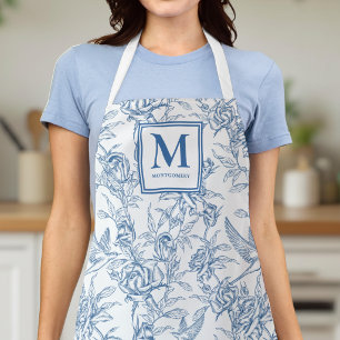 Blue Vintage Floral Toile de Jouy French Monogram Apron