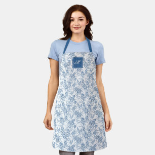 Blue Vintage Floral Toile de Jouy French Monogram Apron