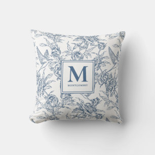 Blue Vintage Floral Toile de Jouy French Monogram Cushion